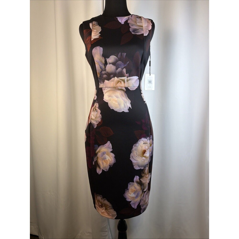 NWT Calvin Klein Floral Sleeveless Dress Black Roses Sz 2 Stretch